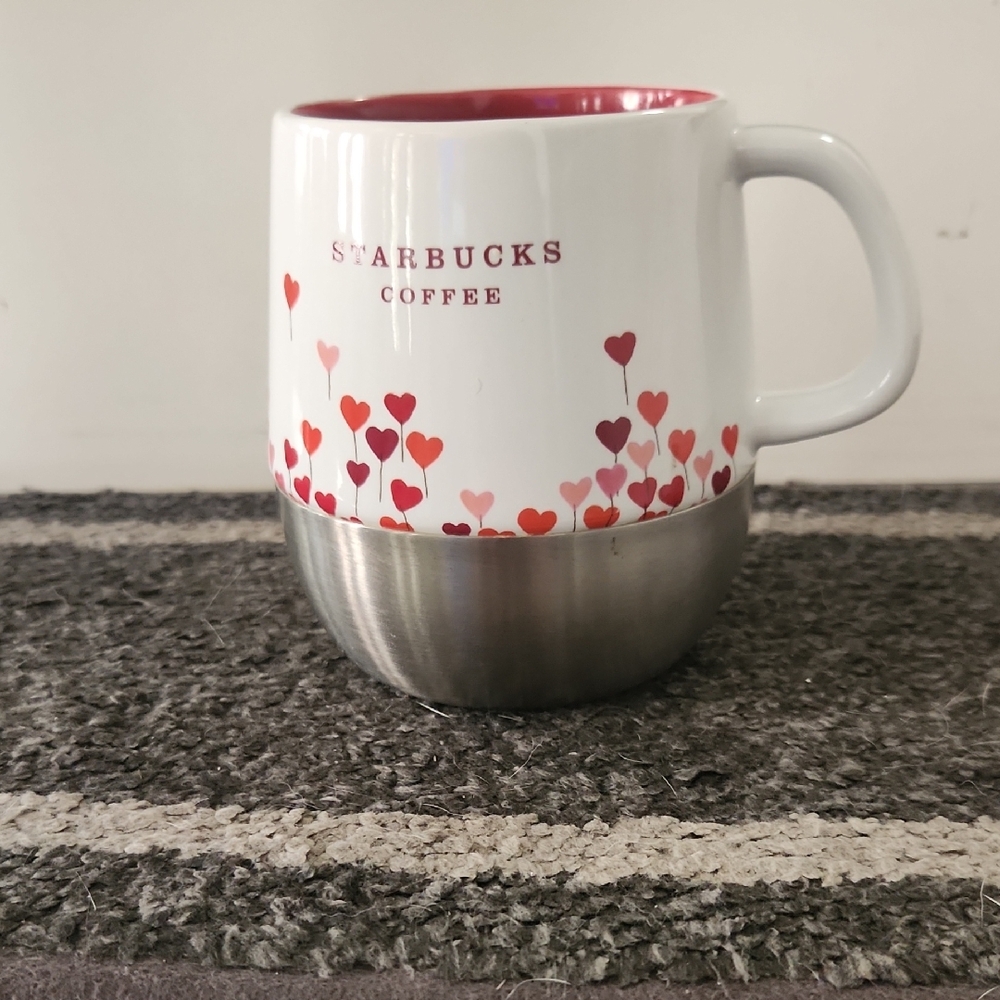 2007 Starbucks White and Red Heart Mug with Silver Base